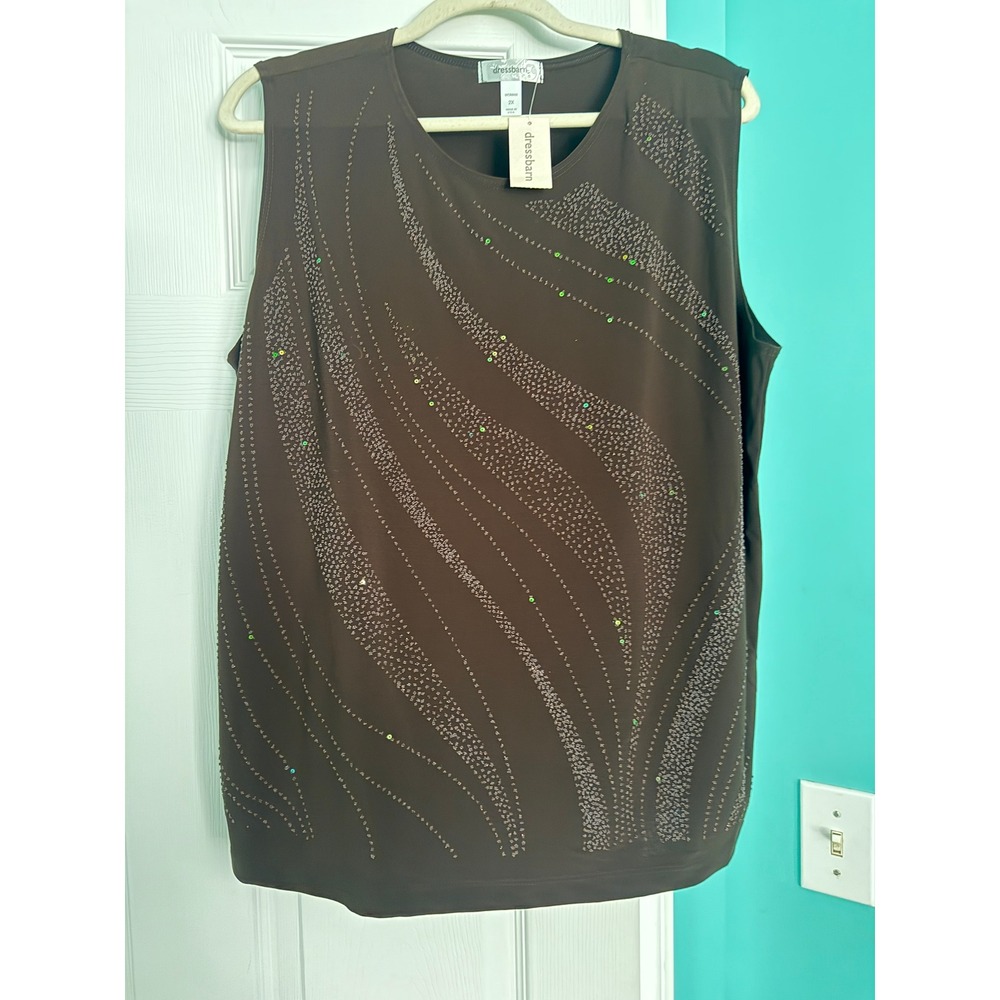 Dressbarn Brown Sleeveless Beaded Sequin Blouse Top Plus Size 2X NWT